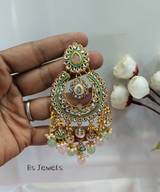 Mint Pink Kundan Hilda Bollywood Earrings