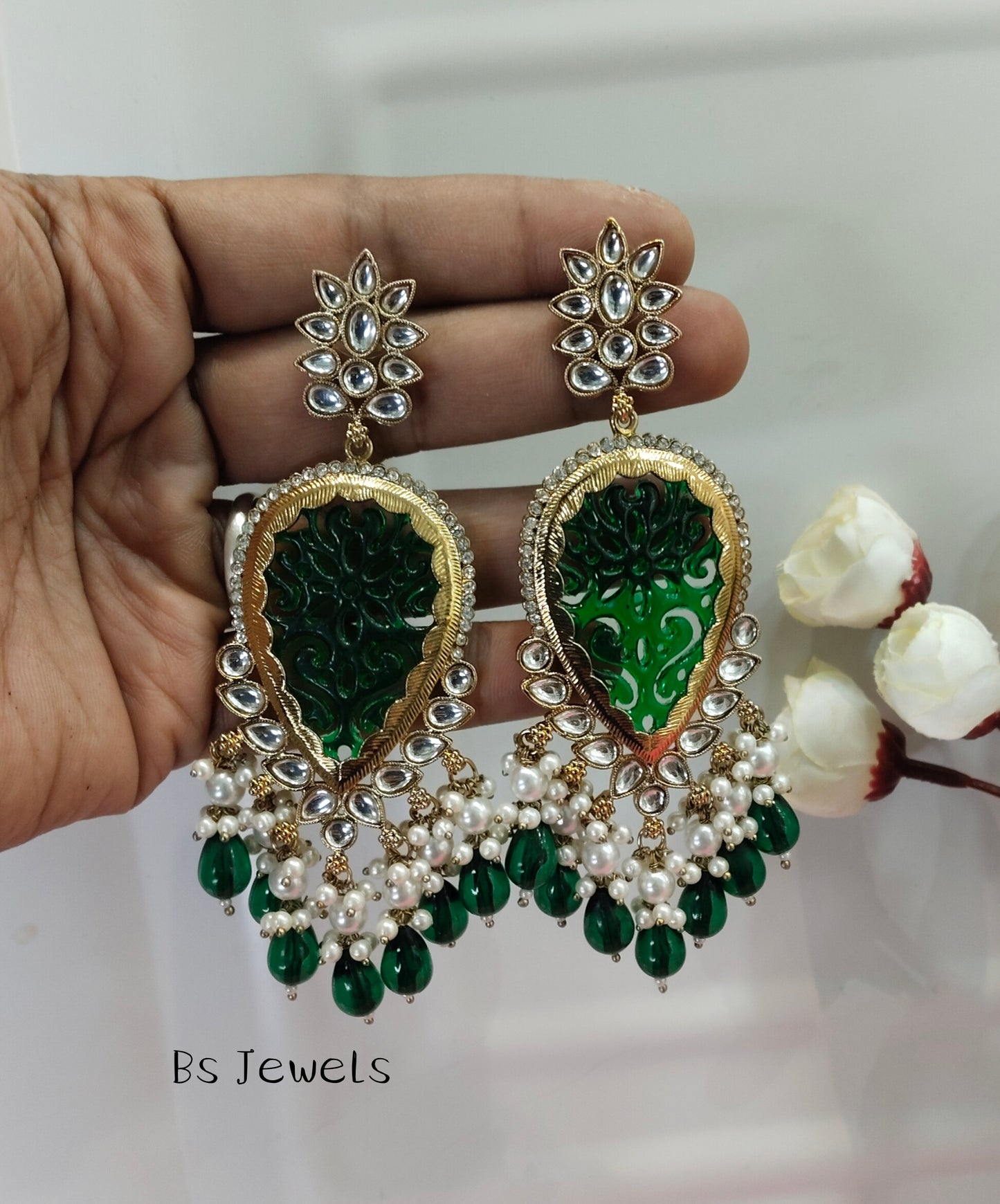 Green Kundan Charui Bollywood Earrings
