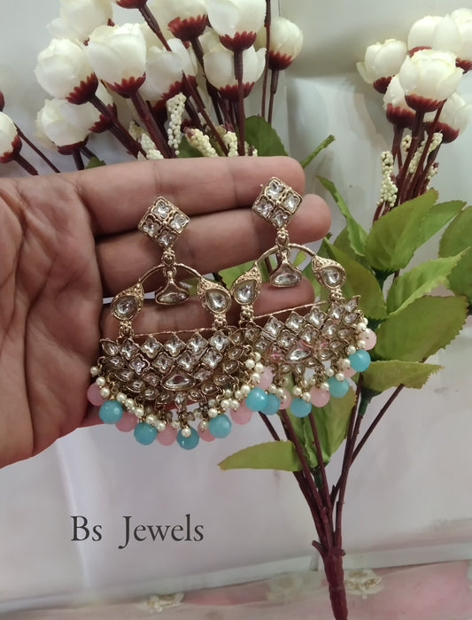 Sky Blue Pink Kundan Tiger Bollywood Earrings