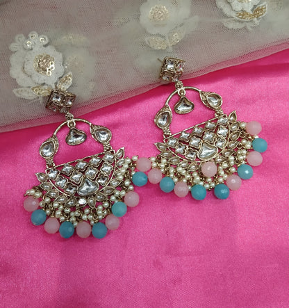 Sky Blue Pink Kundan Tiger Bollywood Earrings