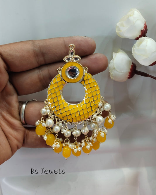 Yellow Enamel Kudi Bollywood Earrings
