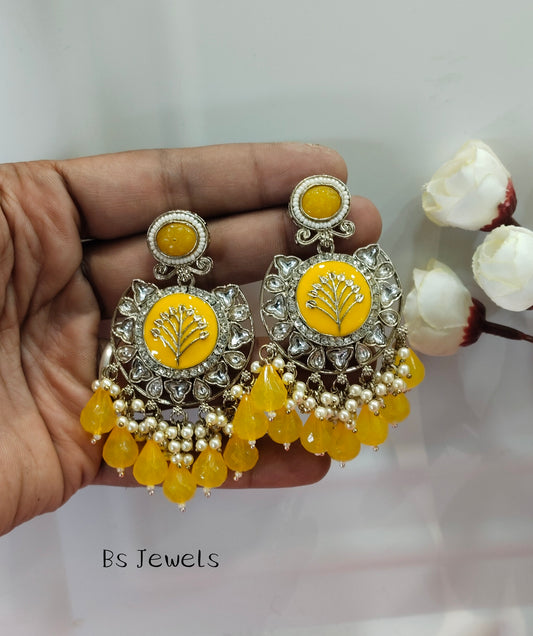 Yellow Kundan Sher Bollywood Earrings