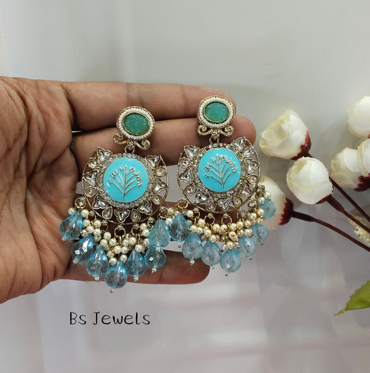 Sky Blue Kundan Sher Bollywood Earrings