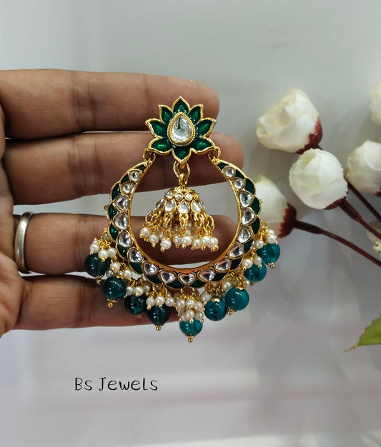 Rama Green Kundan ChandBali Jhumka Explore Bollywood Earrings