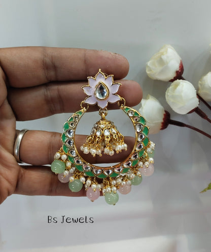 Mint Pink Kundan ChandBali Jhumka Explore Bollywood Earrings