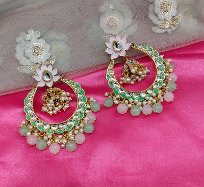 Mint Pink Kundan ChandBali Jhumka Explore Bollywood Earrings