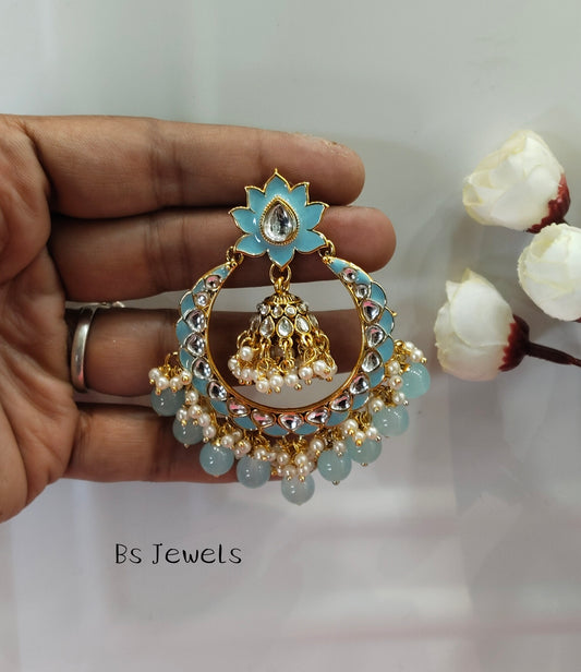 Sky Blue Kundan ChandBali Jhumka Explore Bollywood Earrings