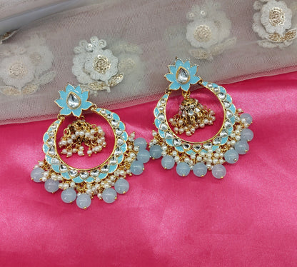 Sky Blue Kundan ChandBali Jhumka Explore Bollywood Earrings