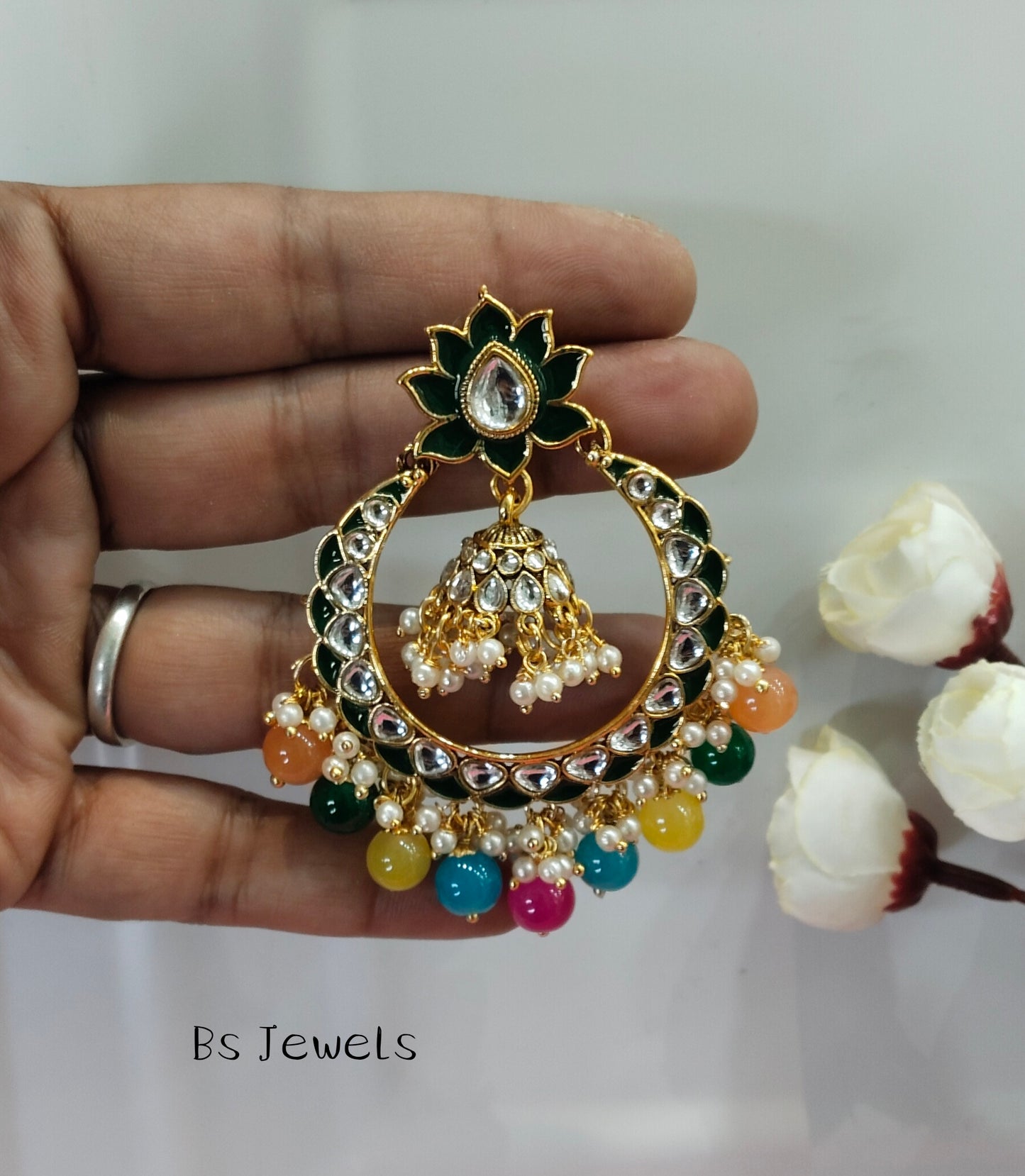 Multi Color Kundan ChandBali Jhumka Explore Bollywood Earrings