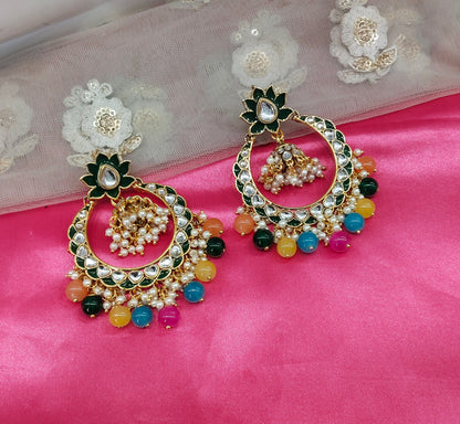 Multi Color Kundan ChandBali Jhumka Explore Bollywood Earrings
