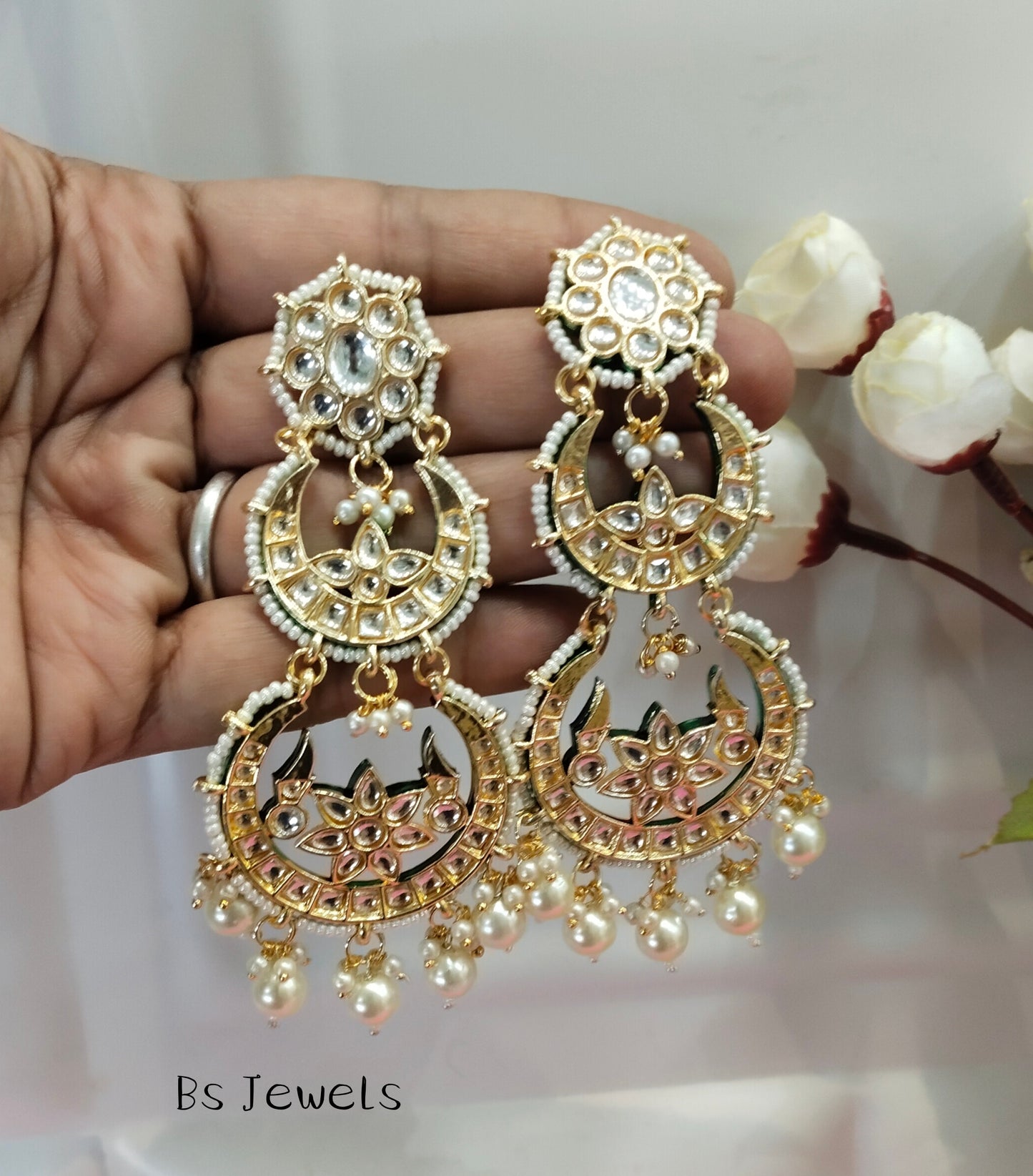 White Kundan ChandBali Meena Bollywood Earrings