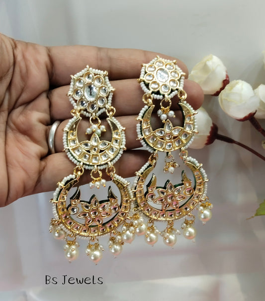 White Kundan ChandBali Meena Bollywood Earrings