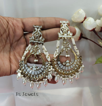 White Kundan ChandBali Kriti Bollywood Earrings