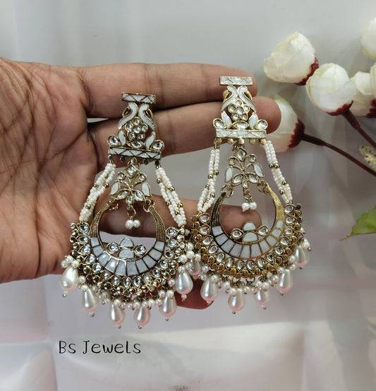 White Kundan ChandBali Kriti Bollywood Earrings