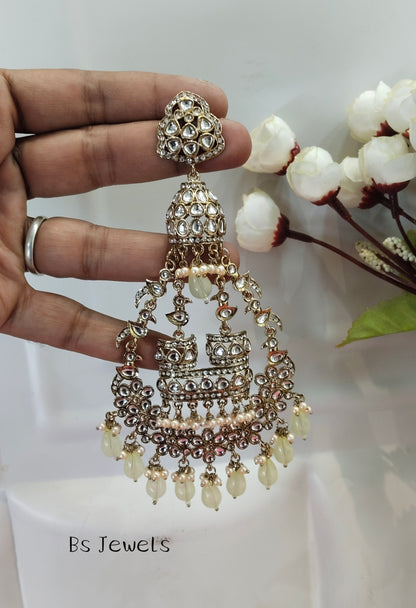 Pista Kundan ChandBali Staff Bollywood Long Earrings
