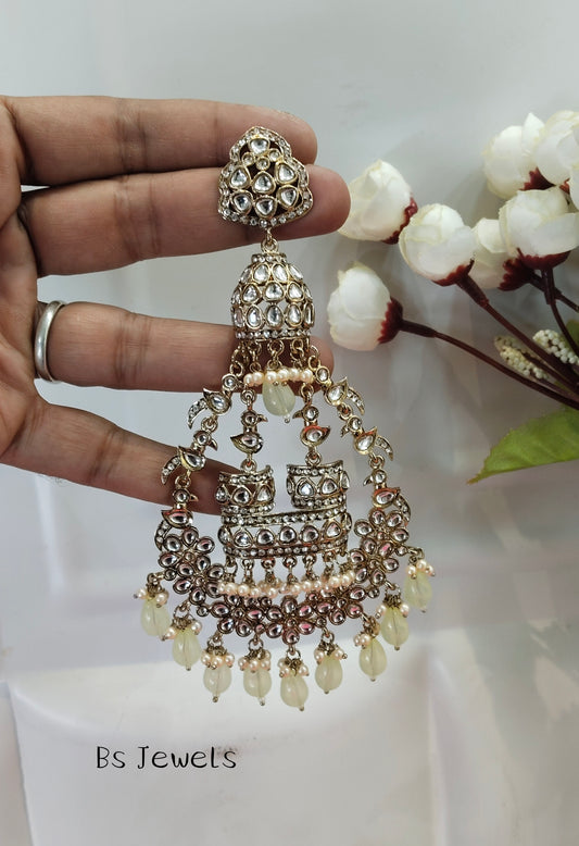 Pista Kundan ChandBali Staff Bollywood Long Earrings