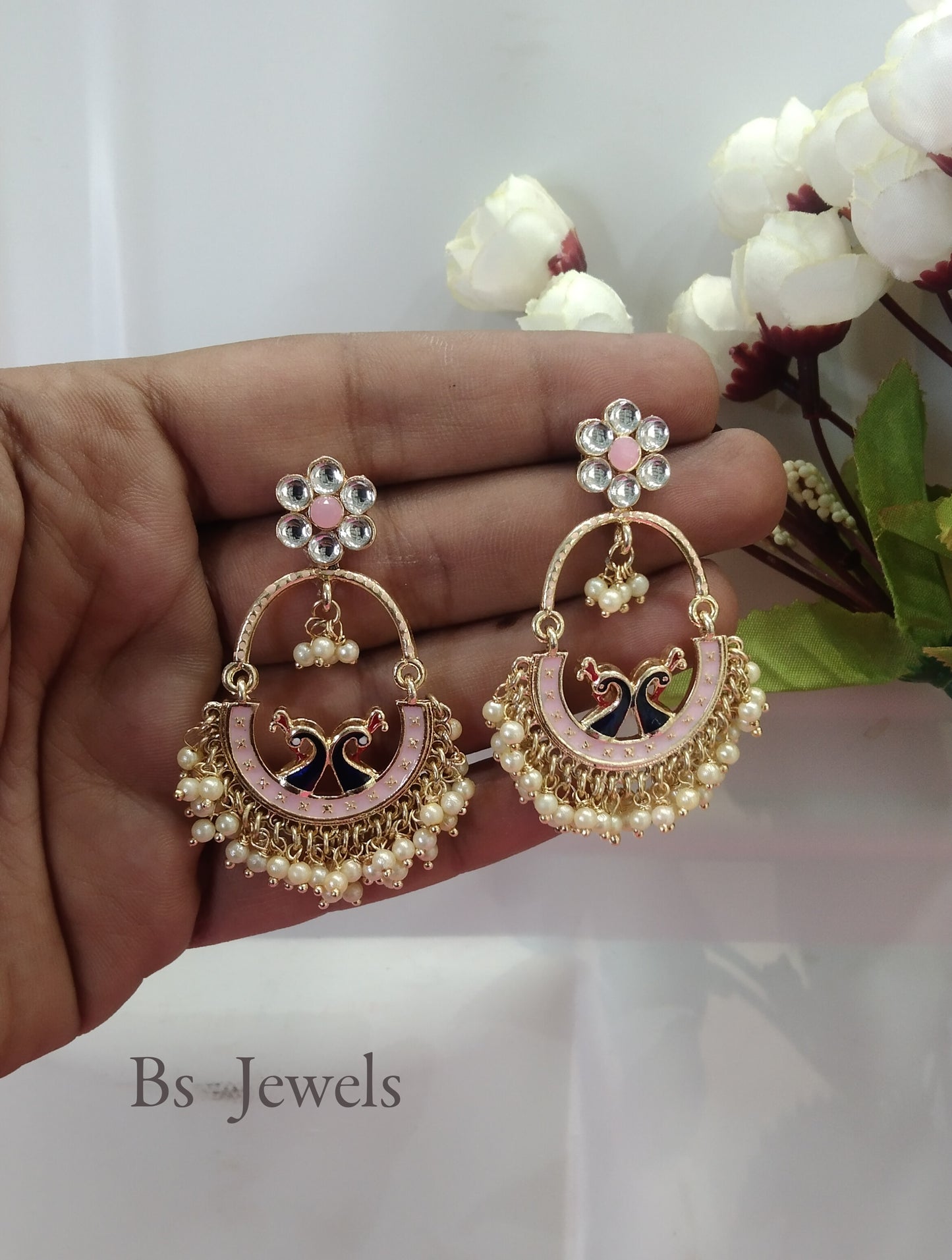 Pink Kundan Drive Bollywood Earrings