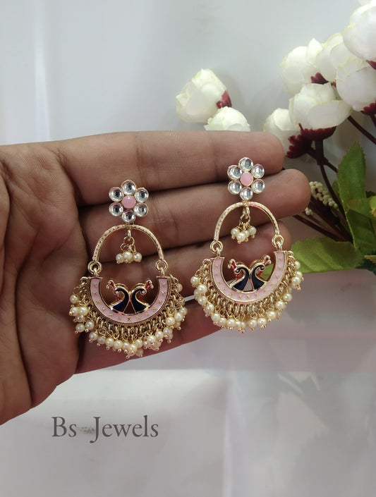 Pink Kundan Drive Bollywood Earrings