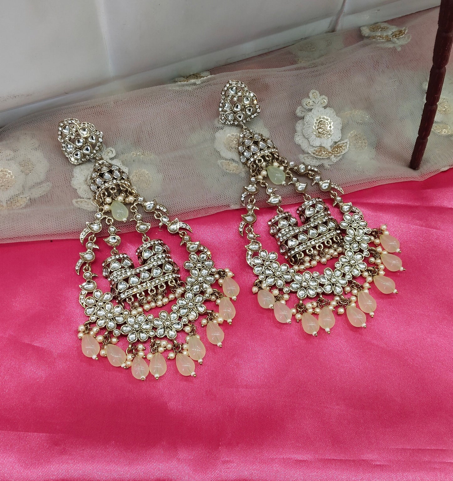 Pista Kundan ChandBali Staff Bollywood Long Earrings