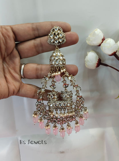 Pink Kundan ChandBali Staff Bollywood Long Earrings