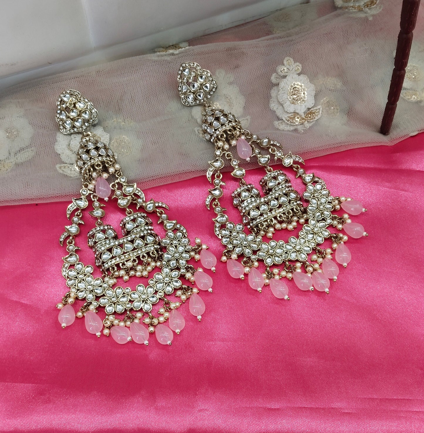 Pink Kundan ChandBali Staff Bollywood Long Earrings