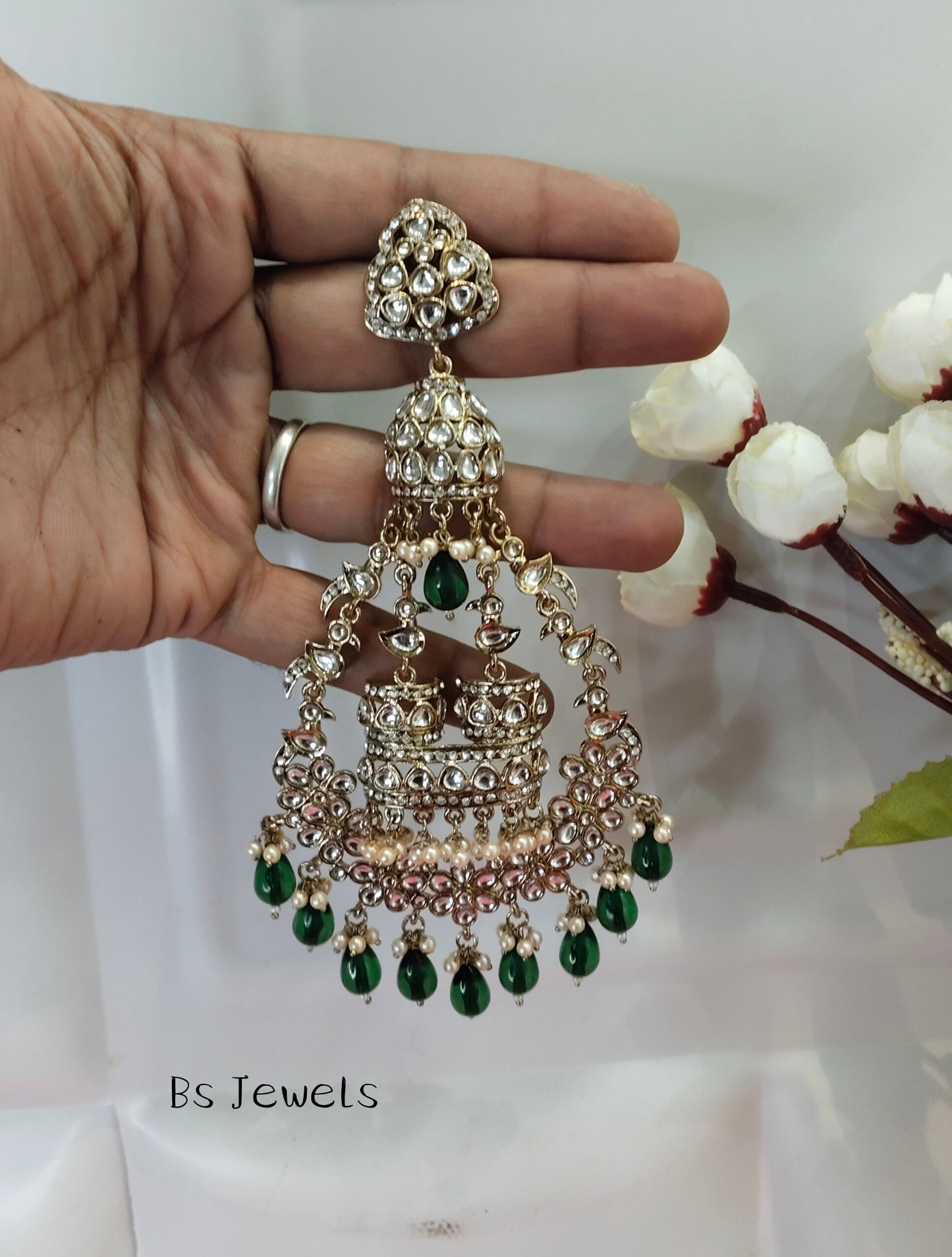 Green Kundan ChandBali Staff Bollywood Long Earrings