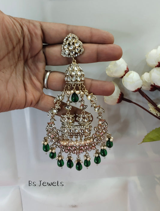 Green Kundan ChandBali Staff Bollywood Long Earrings