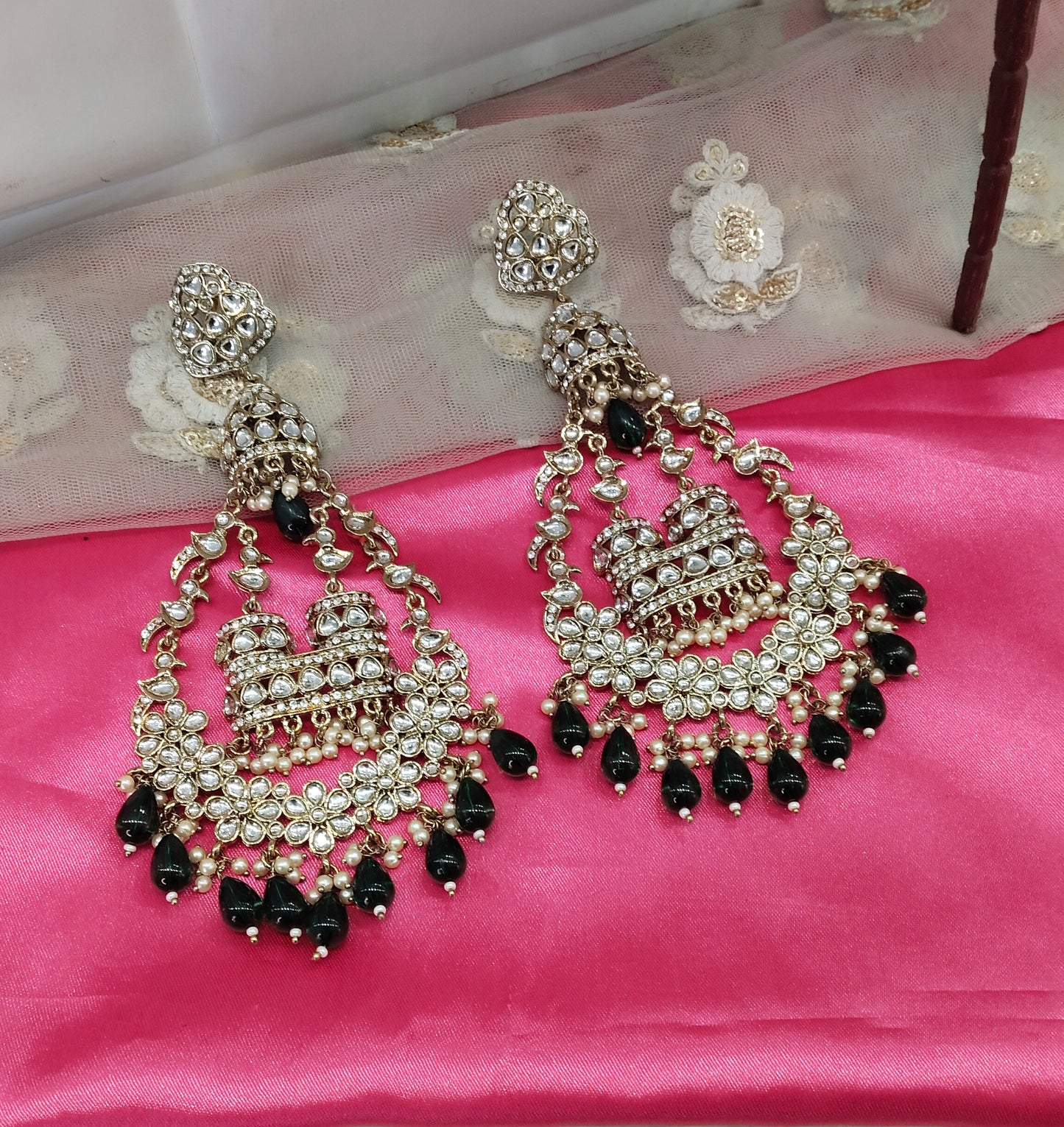 Green Kundan ChandBali Staff Bollywood Long Earrings