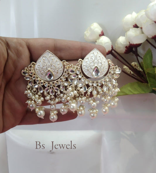 White Kundan Log Bollywood Earrings
