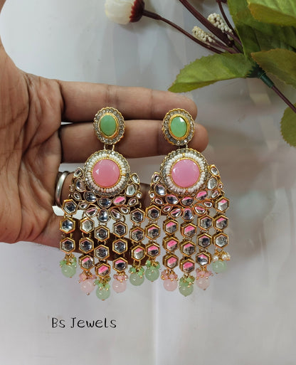 Mint Pink Kundan Visit Bollywood Earrings