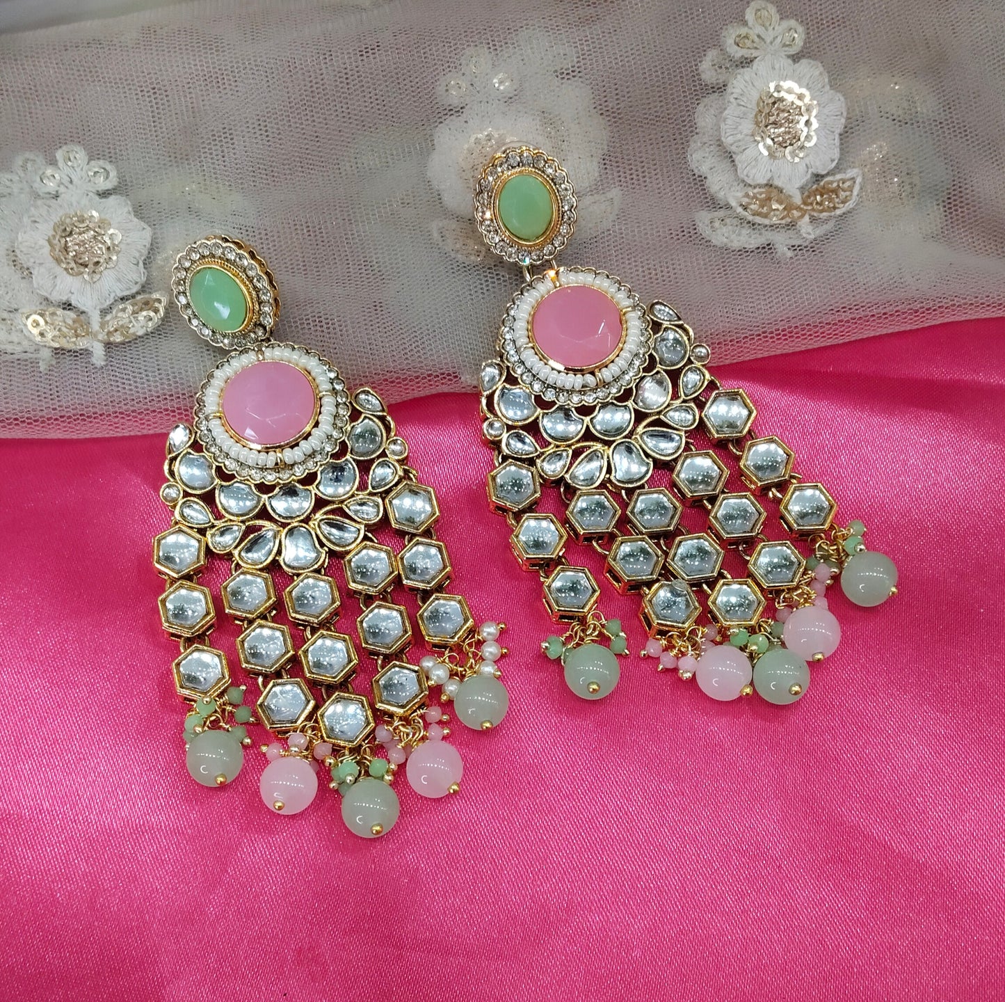 Mint Pink Kundan Visit Bollywood Earrings
