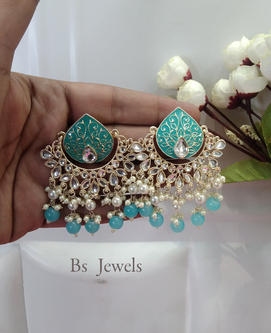 Sky Blue Kundan Log Bollywood Earrings
