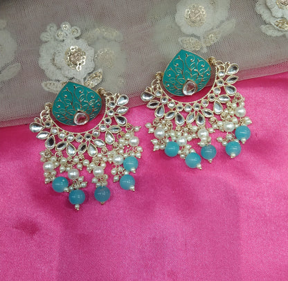 Sky Blue Kundan Log Bollywood Earrings