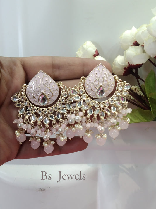 Pink Kundan Log Bollywood Earrings