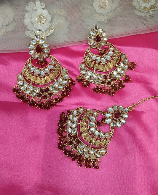 Maroon Kundan ChandBali Classes Bollywood Earrings