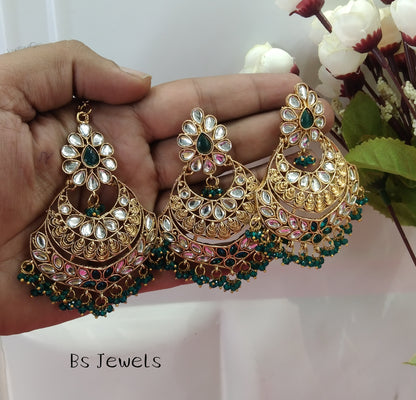 Green Kundan ChandBali Classes Bollywood Earrings