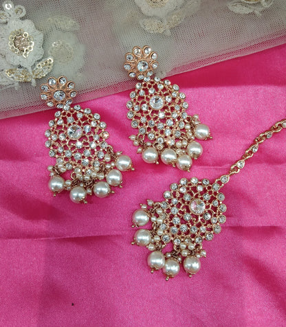 Rose Gold Jass Bollywood Earrings Tikka Set