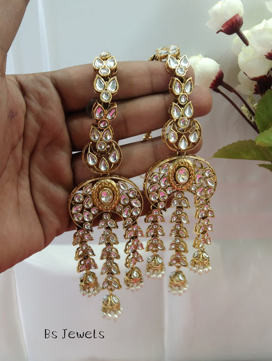Gold White Kundan Jass Bollywood Earrings Tikka Set