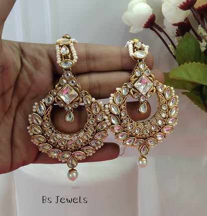 Gold White Kundan Jass Bollywood Earrings Tikka Set