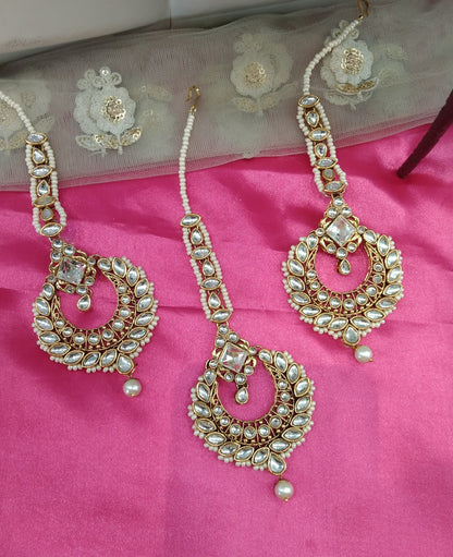 Gold White Kundan Jass Bollywood Earrings Tikka Set