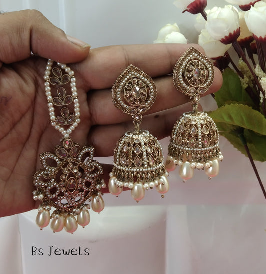 Antique Gold Jhumka Veer Bollywood Earrings Tikka Set