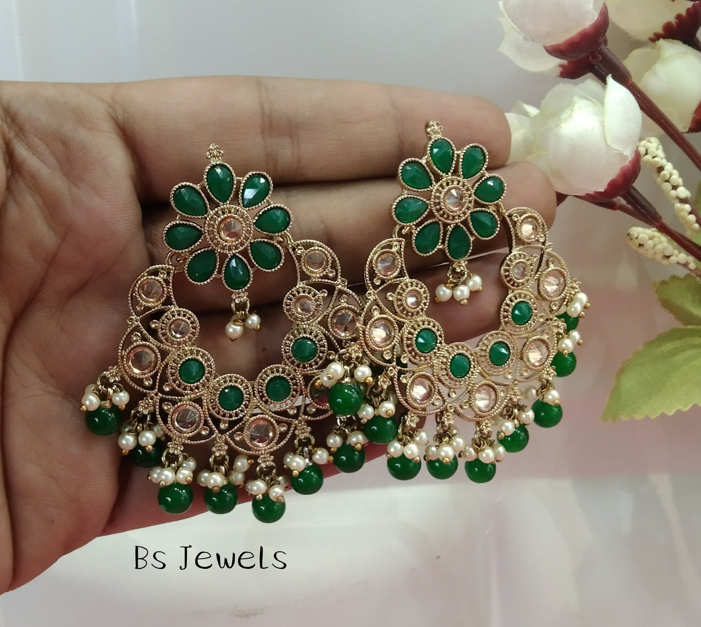 Green Champagne Gold Milk Bollywood Earrings