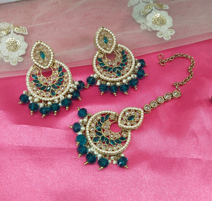Rama green Improve Bollywood Earrings Tikka Set