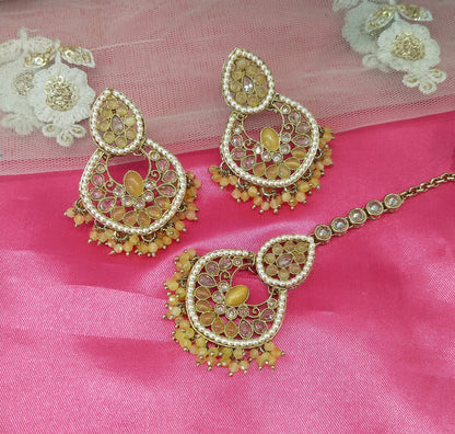 Yellow Improve Bollywood Earrings Tikka Set