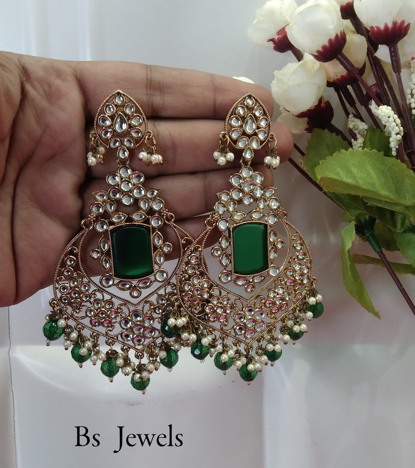 Green Kundan Chandbali Say Bollywood Earrings Tikka Set