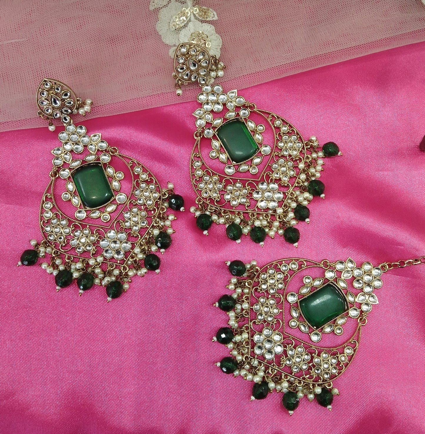 Green Kundan Chandbali Say Bollywood Earrings Tikka Set