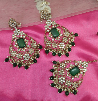 Green Kundan Chandbali Say Bollywood Earrings Tikka Set