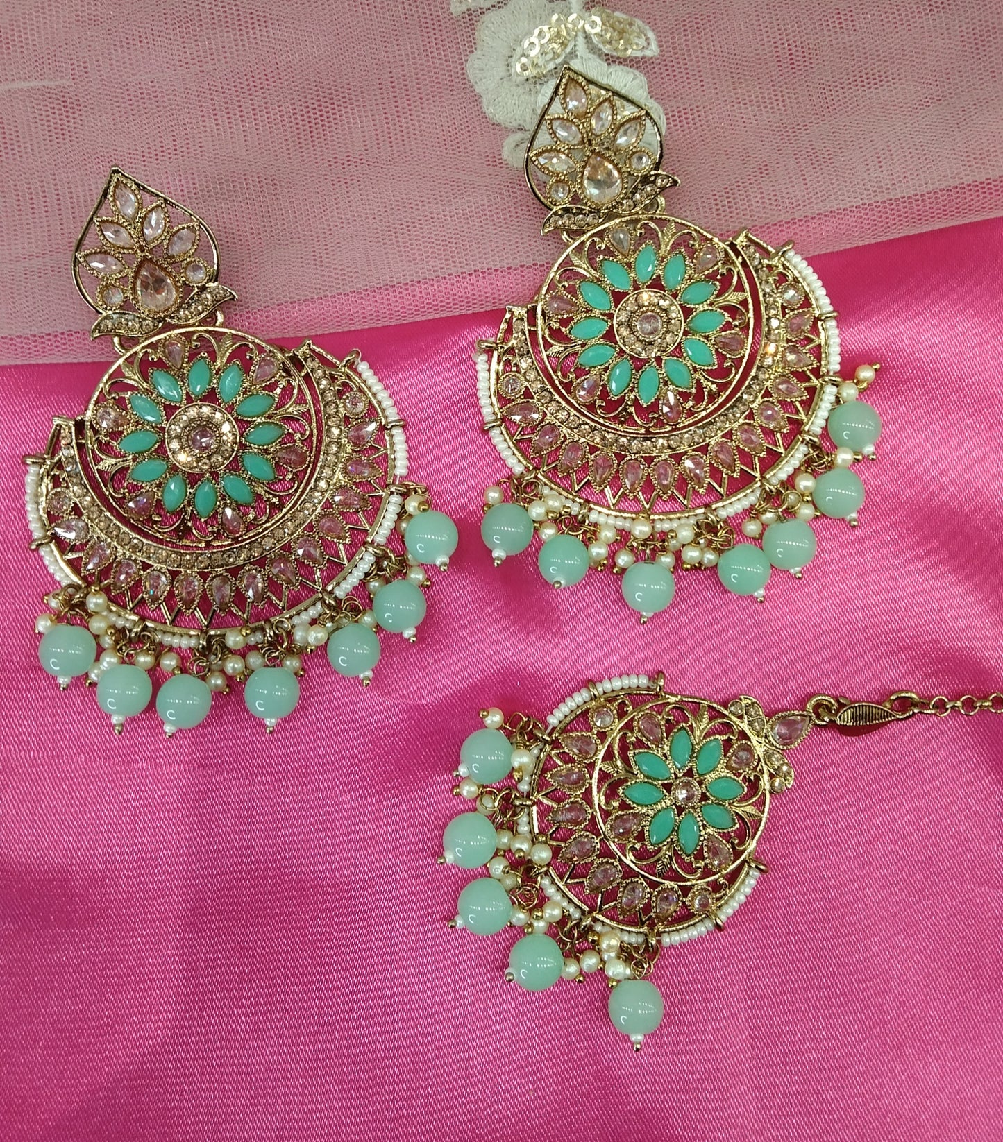 Pista Champagne Gold Reet Bollywood Earrings Tikka Set