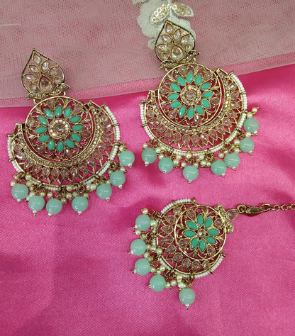 Pista Champagne Gold Reet Bollywood Earrings Tikka Set