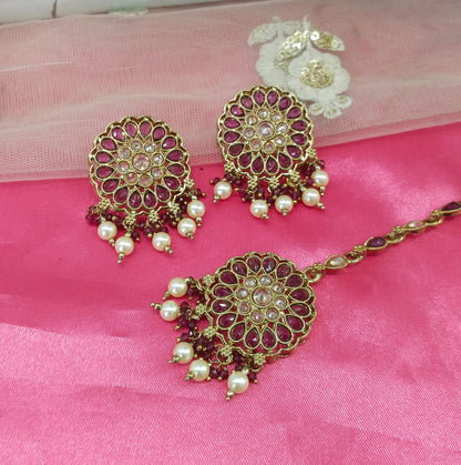 Purple Champagne Gold Preet Bollywood Earrings Tikka Set